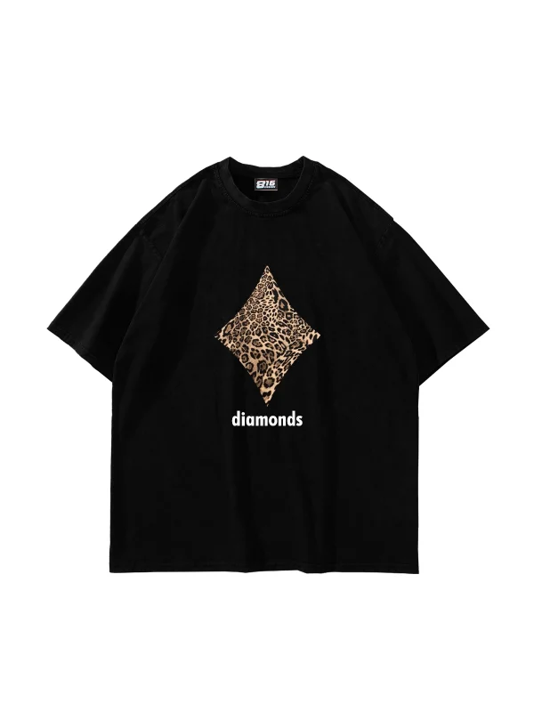 Diamonds Leopar Baskılı Oversize Unisex Premium Siyah Tshirt