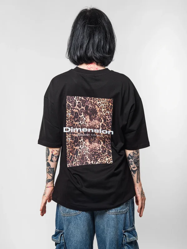 Dimension Baskılı Leopar Desenli 24/1 Oversize Unisex Siyah Tshirt