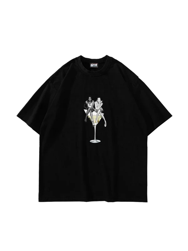 Dirty Martini Baskılı Oversize Unisex Siyah Tshirt