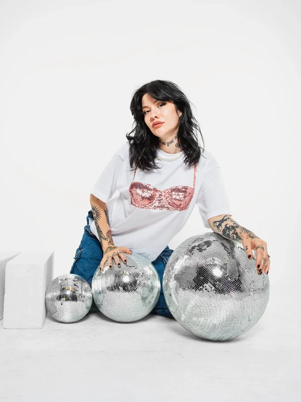 Disco Bralet Baskılı Relaxed Fit Beyaz Kadın Tshirt