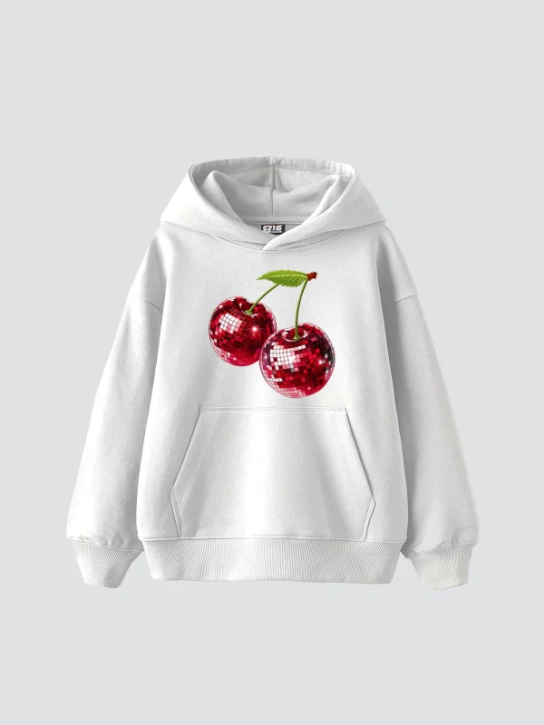 Disco Cherry Baskılı Oversize Unisex Beyaz Hoodie