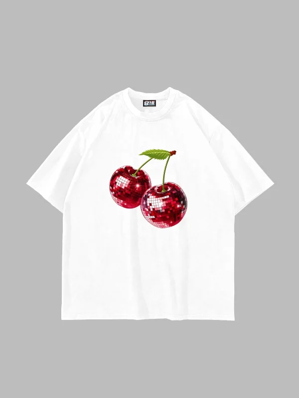 Disco Cherry Baskılı Oversize Unisex Beyaz Tshirt