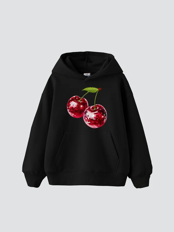 Disco Cherry Baskılı Oversize Unisex Siyah Hoodie