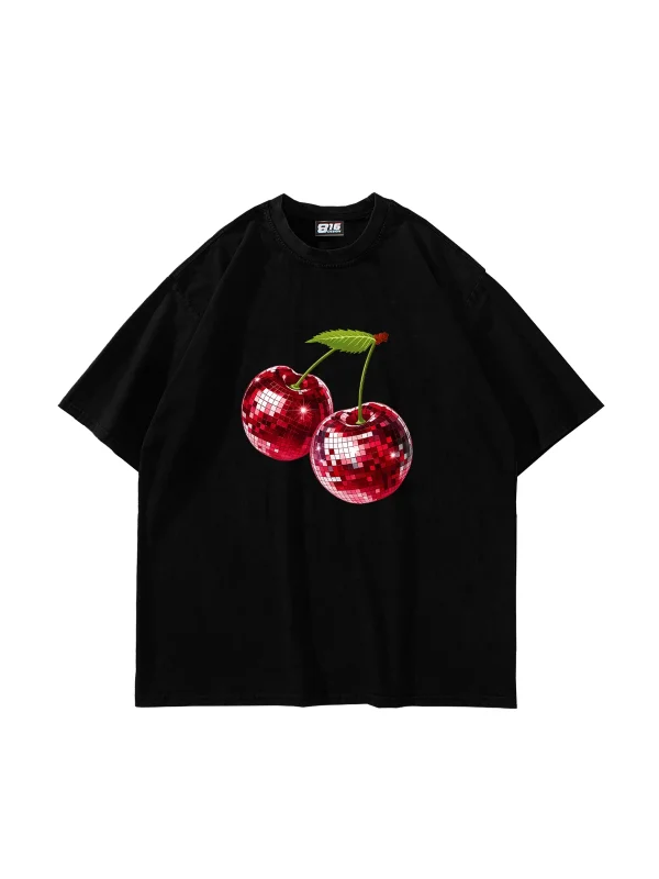 Disco Cherry Baskılı Oversize Unisex Siyah Tshirt