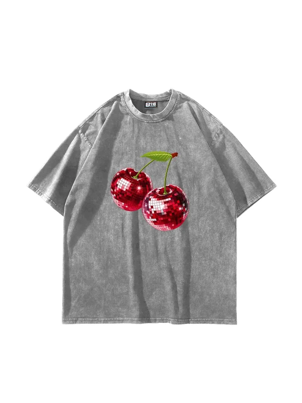 Disco Cherry Baskılı Oversize Unisex Yıkamalı Beyaz Tshirt