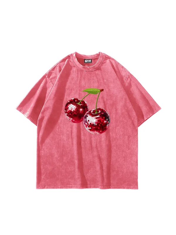 Disco Cherry Baskılı Oversize Unisex Yıkamalı Pembe Tshirt