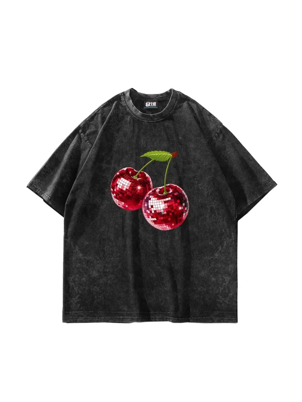 Disco Cherry Baskılı Oversize Unisex Yıkamalı Siyah Tshirt