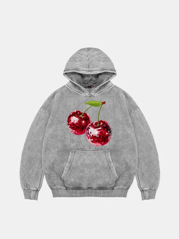 Disco Cherry Oversize Unisex Yıkamalı Beyaz Hoodie