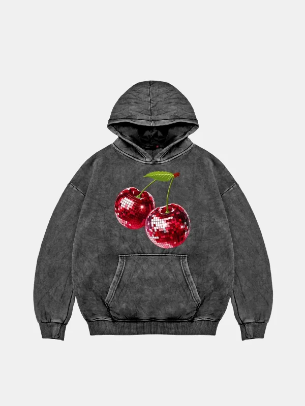 Disco Cherry Oversize Unisex Yıkamalı Siyah Hoodie