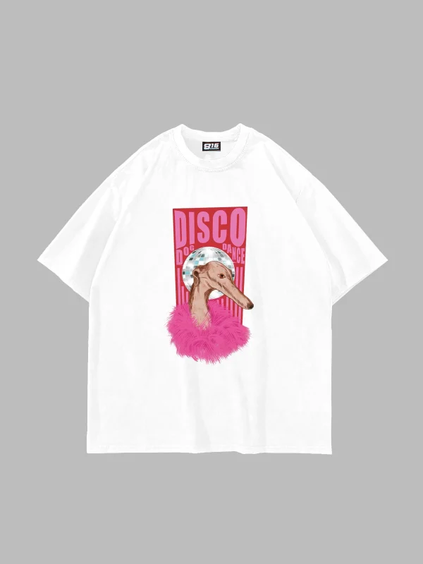 Disco Dog Baskılı Oversize Unisex Beyaz Tshirt