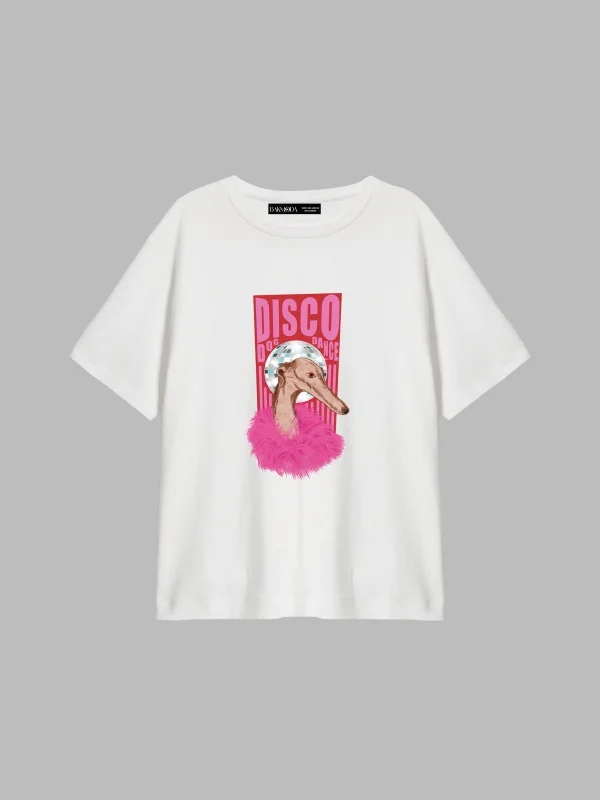 Disco Dog Baskılı Relaxed Fit Beyaz Kadın Tshirt