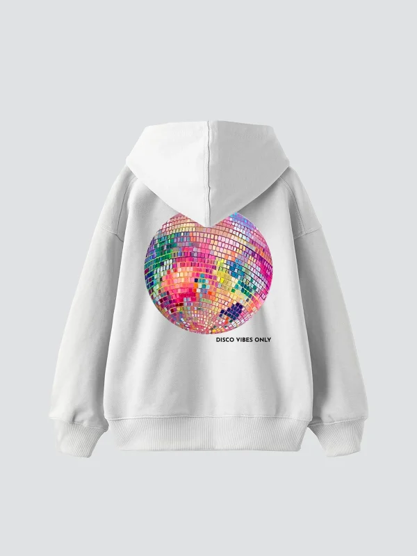 Disco Vibes Only Baskılı Oversize Unisex Beyaz Hoodie