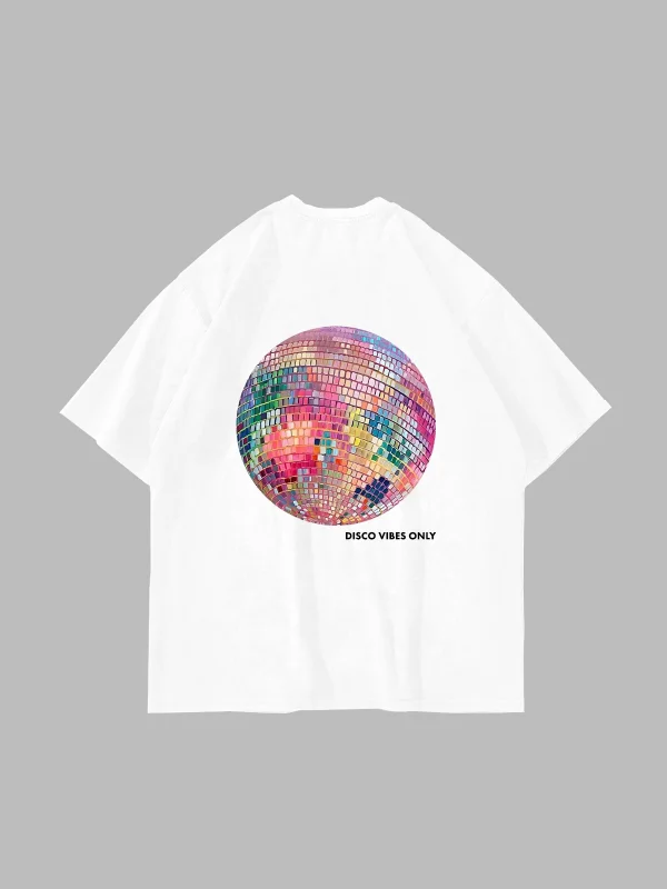 Disco Vibes Only Baskılı Oversize Unisex Beyaz Tshirt