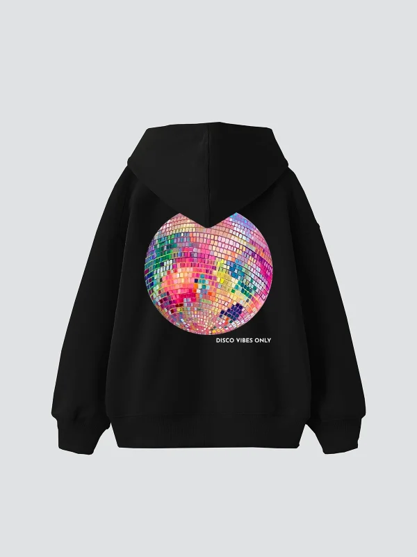 Disco Vibes Only Baskılı Oversize Unisex Siyah Hoodie