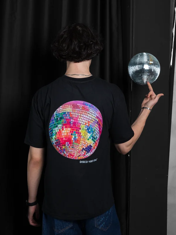 Disco Vibes Only Baskılı Oversize Unisex Siyah Tshirt