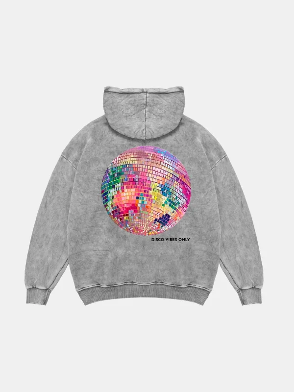 Disco Vibes Only Oversize Unisex Yıkamalı Beyaz Hoodie