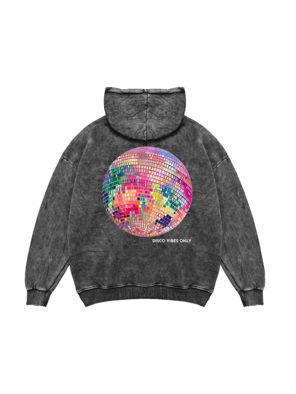 Disco Vibes Only Oversize Unisex Yıkamalı Siyah Hoodie