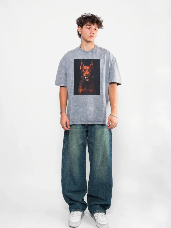 Doberman V2 Baskılı Oversize Unisex Yıkamalı Beyaz Tshirt