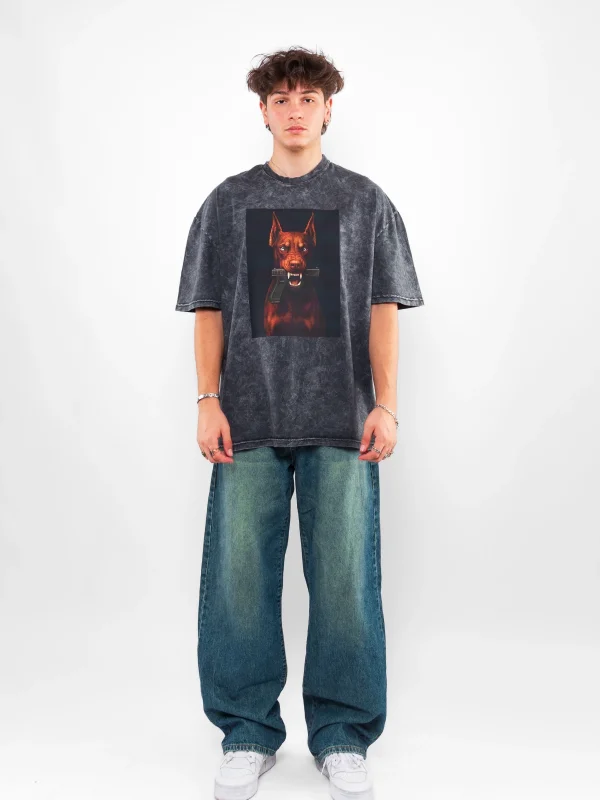 Doberman V2 Baskılı Oversize Unisex Yıkamalı Siyah Tshirt