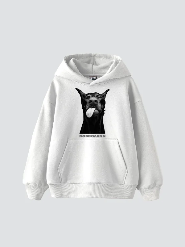 Dobermann Baskılı Oversize Unisex Beyaz Hoodie