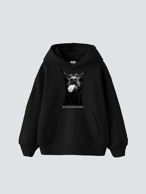 Dobermann Baskılı Oversize Unisex Siyah Hoodie