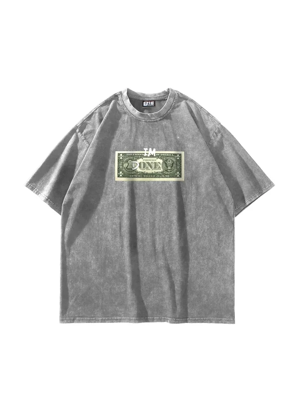 Dollar Baskılı Oversize Unisex Yıkamalı Beyaz Tshirt