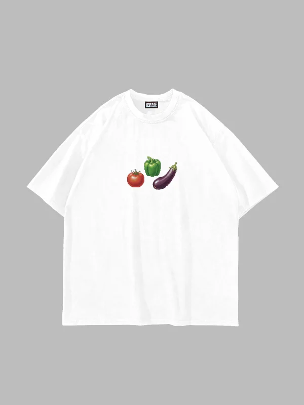 Domates Biber Patlıcan Baskılı Oversize Unisex Beyaz Tshirt