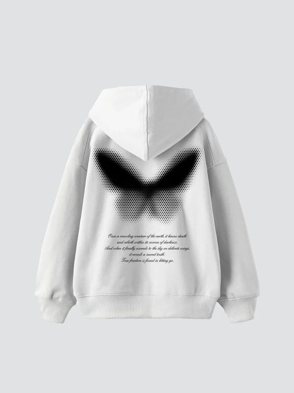 Dot Butterfly Baskılı Oversize Unisex Beyaz Hoodie
