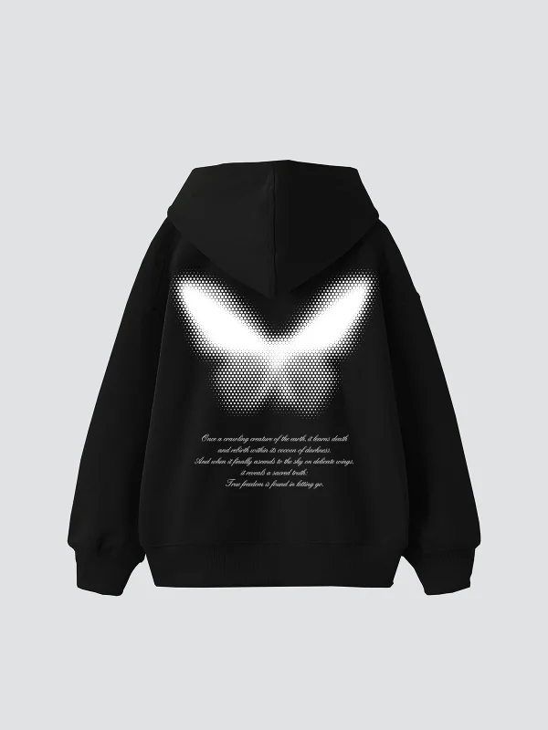 Dot Butterfly Baskılı Oversize Unisex Siyah Hoodie