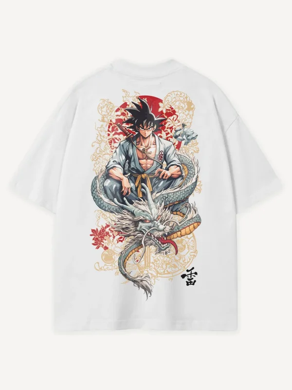 Japanese Dragon Warrior Baskılı Beyaz Oversize Unisex Tshirt