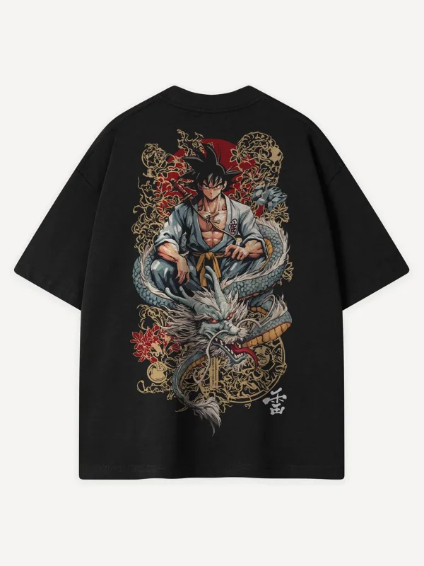Japanese Dragon Warrior Baskılı Siyah Oversize Unisex Tshirt