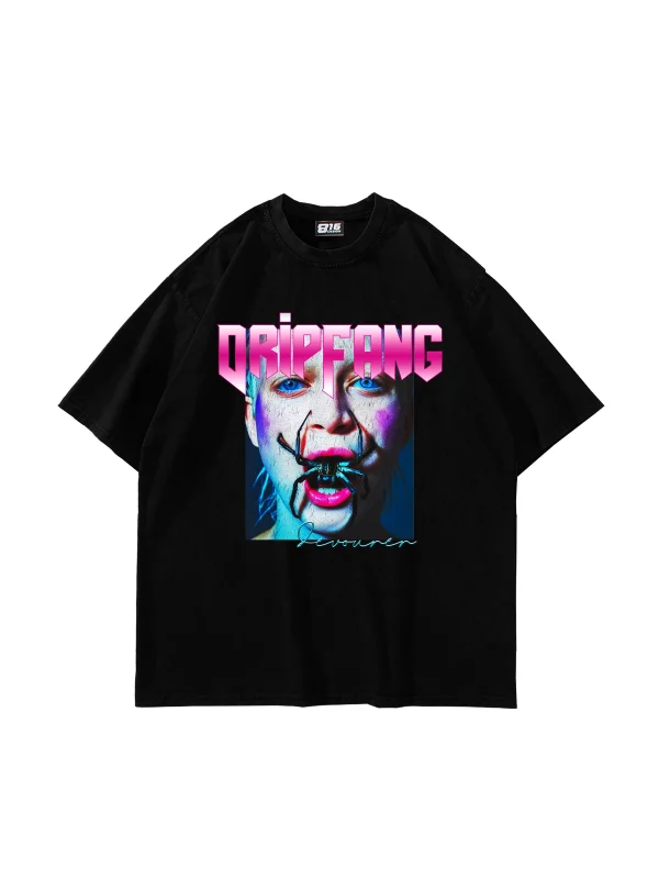 DripFang Baskılı Oversize Unisex Siyah Tshirt