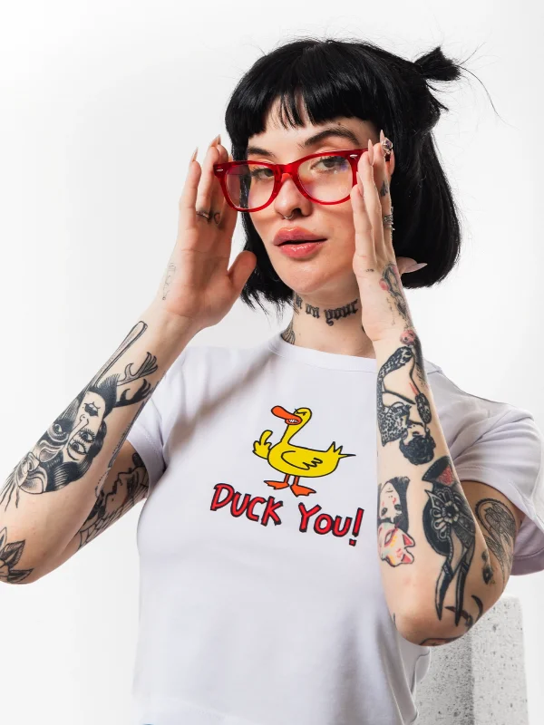 Duck You Baskılı Beyaz Crop Top