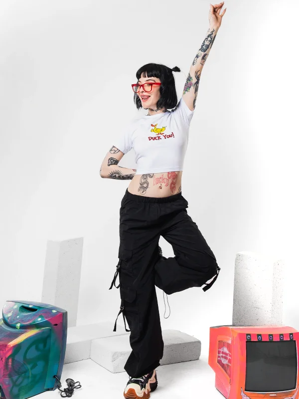 Duck You Baskılı Beyaz Crop Top