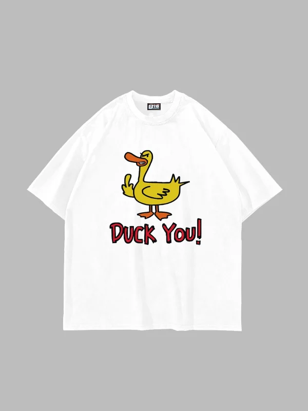 Duck You! Baskılı Oversize Unisex Beyaz Tshirt