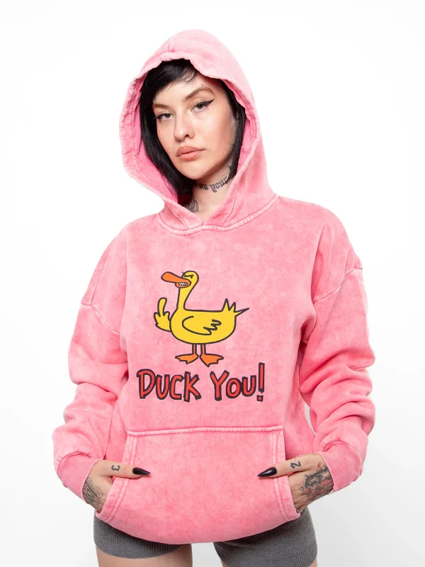 Duck You Baskılı Oversize Unisex Premium Yıkamalı Pembe Hoodie