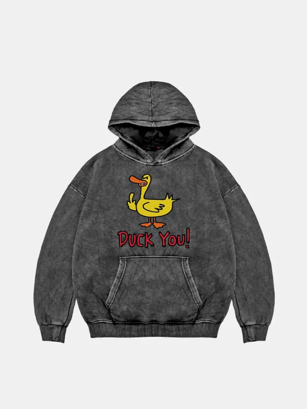 Duck You Baskılı Oversize Unisex Premium Yıkamalı Siyah Hoodie