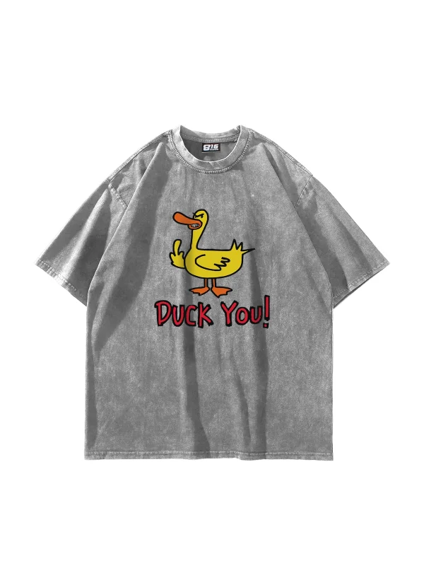 Duck You! Baskılı Oversize Unisex Yıkamalı Beyaz Tshirt