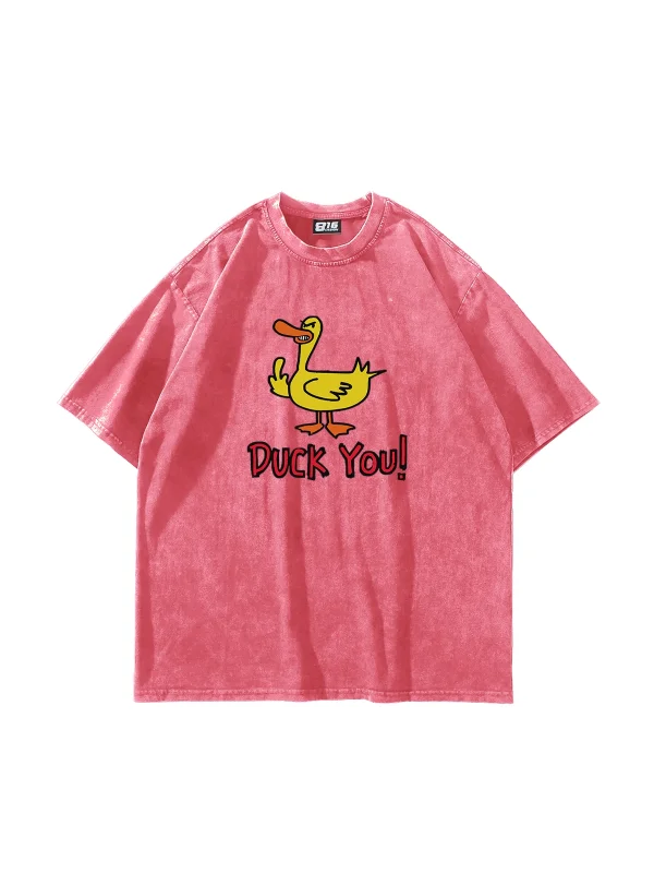 Duck You! Baskılı Oversize Unisex Yıkamalı Pembe Tshirt