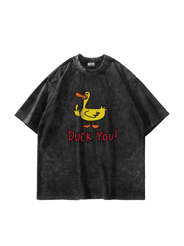 Duck You! Baskılı Oversize Unisex Yıkamalı Siyah Tshirt