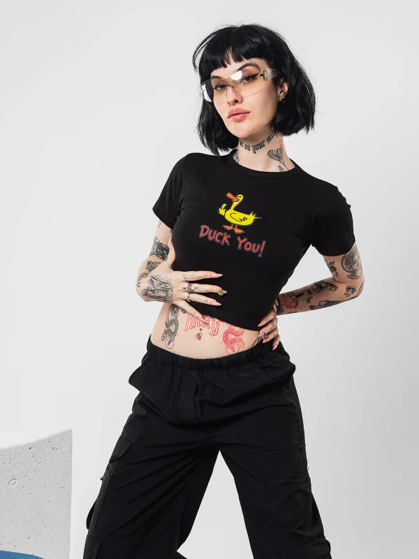 Duck You! Baskılı Siyah Crop Top