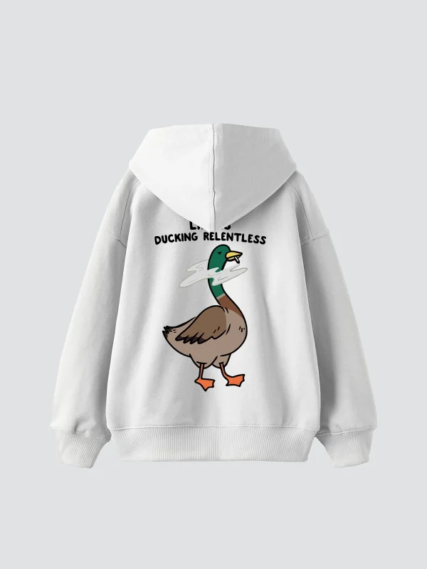 Ducking Relentless Baskılı Oversize Unisex Premium Beyaz Hoodie