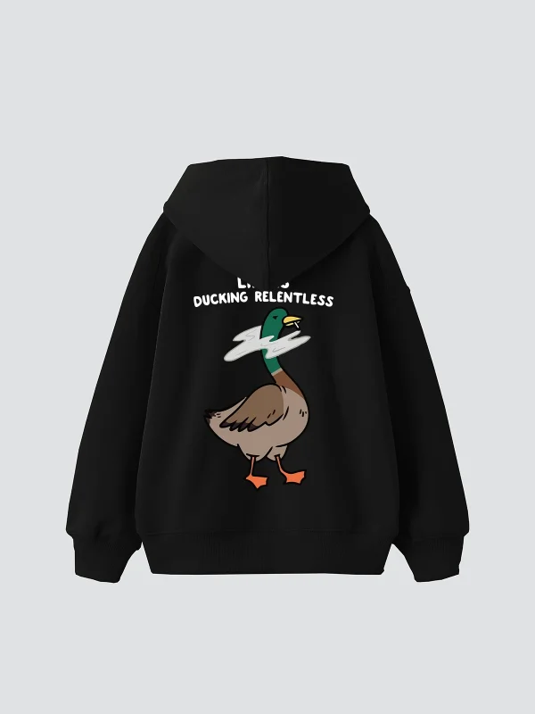 Ducking Relentless Baskılı Oversize Unisex Premium Siyah Hoodie