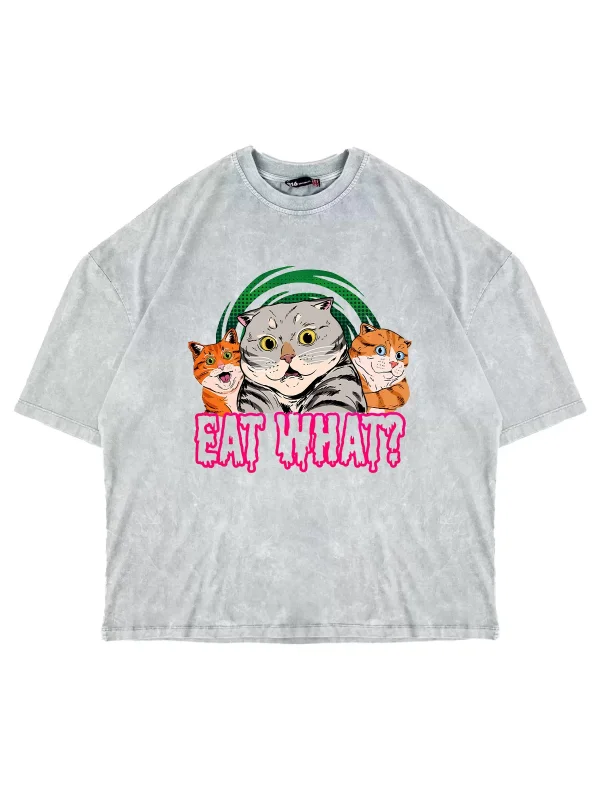 Eat What Cat Baskılı Oversize Unisex Yıkamalı Beyaz Tshirt