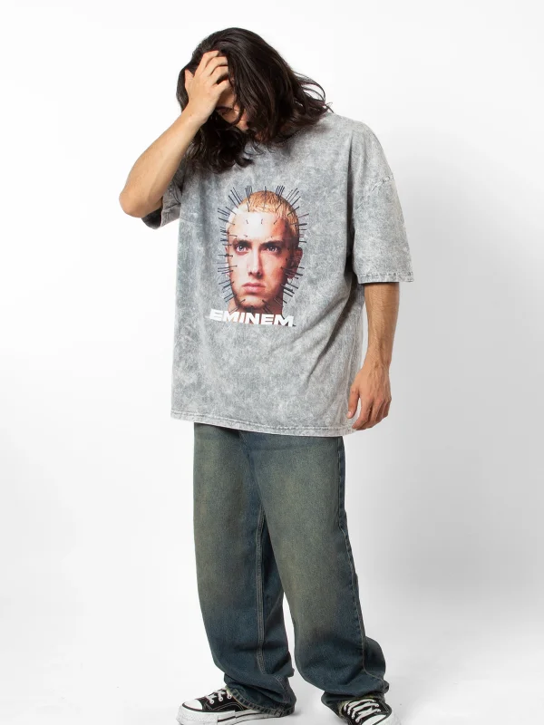 Eminem İkon Baskılı Yıkamalı Beyaz Oversize Unisex Tshirt