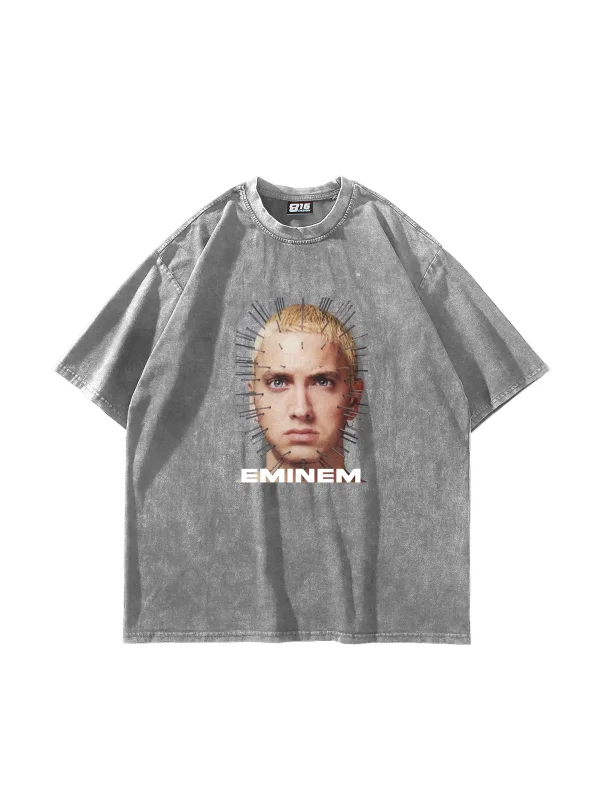 Eminem İkon Baskılı Yıkamalı Beyaz Oversize Unisex Tshirt