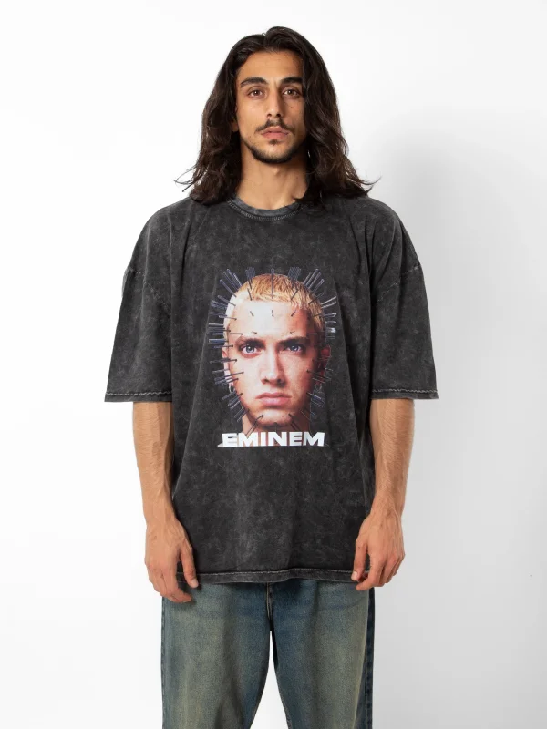 Eminem İkon Baskılı Yıkamalı Siyah Oversize Unisex Tshirt