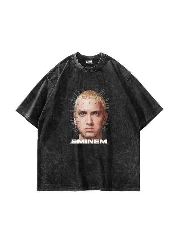Eminem İkon Baskılı Yıkamalı Siyah Oversize Unisex Tshirt