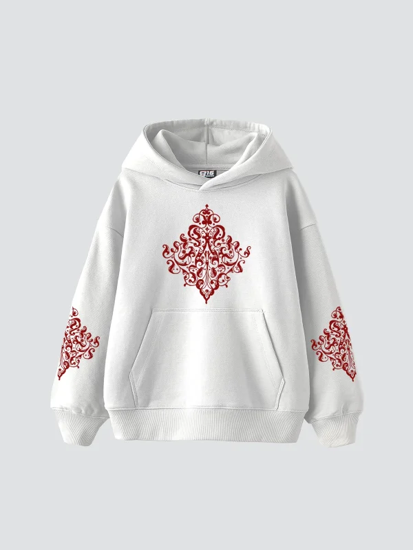 Etnik Baskılı Oversize Unisex Premium Beyaz Hoodie