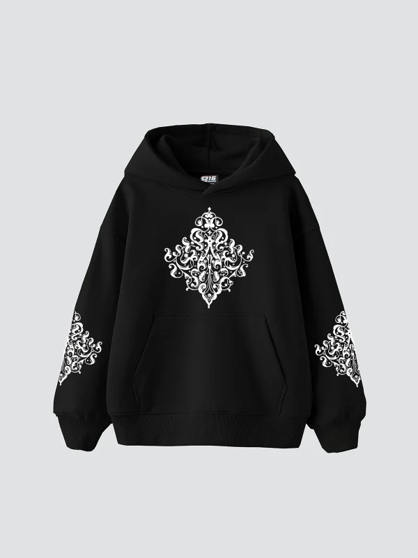 Etnik Baskılı Oversize Unisex Premium Siyah Hoodie